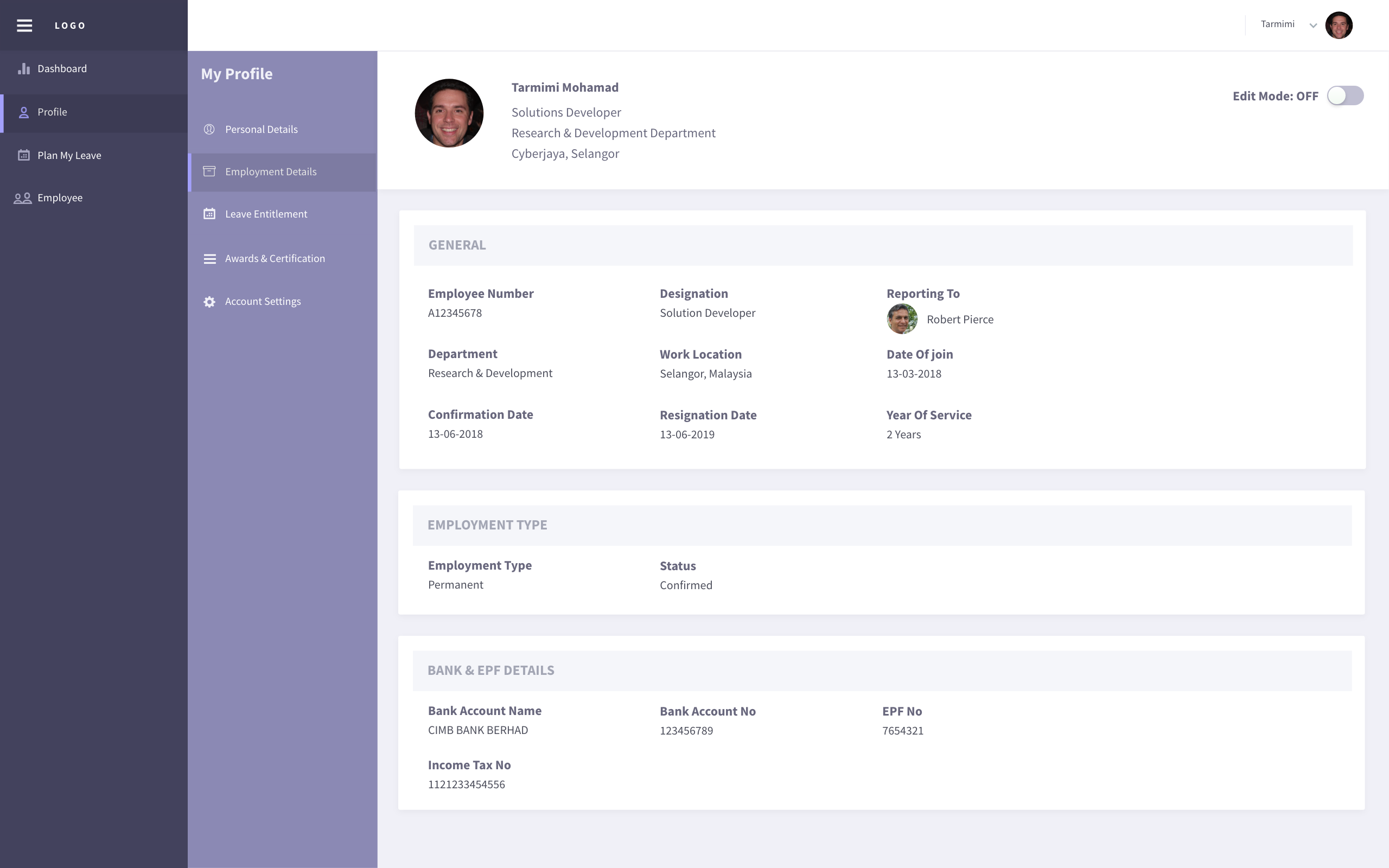 Employment details overview